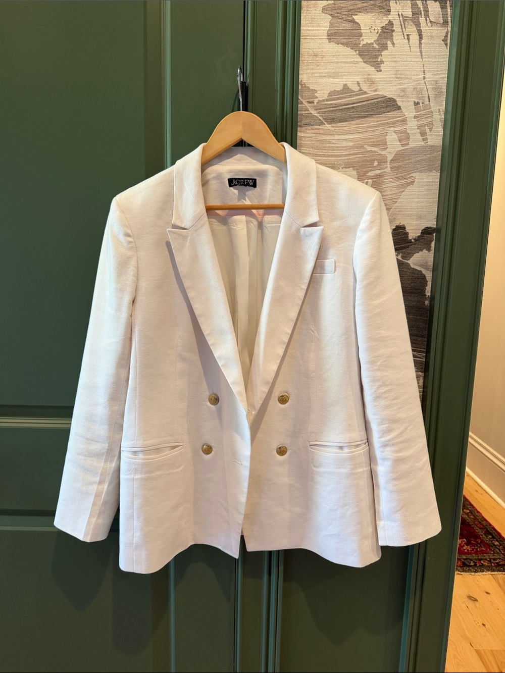 J. Crew White Linen Double-Breasted Blazer with Gold Buttons